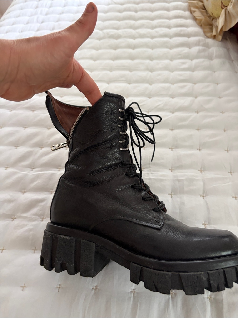 A.S.98 Black Leather Chunky Lace-Up Combat Boot